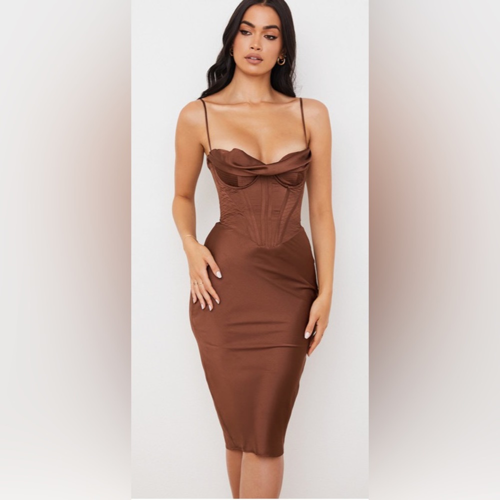 House of Cb Myrna Chocolate Satin Corset Slip Dress